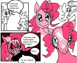 Size: 837x685 | Tagged: safe, artist:dhovorei, derpibooru import, pinkie pie, spike, dragon, earth pony, pony, >:), angry, blue eyes, comic, duo, floppy ears, g4, image, ms paint, png, red eyes, shadow, simple background, smiley face, speech bubble, text