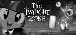 Size: 684x314 | Tagged: safe, artist:mgrifgljegn, derpibooru import, twilight sparkle, pony, door, female, grayscale, image, mare, monochrome, open mouth, png, the twilight zone