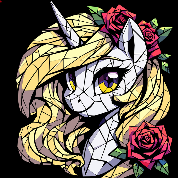 Size: 4096x4096 | Tagged: safe, artist:corymbia, derpibooru import, oc, oc:yellowstar, unofficial characters only, human, unicorn, fanfic:the star in yellow, bust, flower, flower in hair, geometric, image, innocent, newbie artist training grounds, png, portrait, rose, solo, stained glass