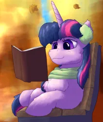 Size: 1945x2289 | Tagged: safe, artist:gosha305, derpibooru import, twilight sparkle, pony, autumn, bench, book, cheek fluff, chest fluff, clothes, cute, ear fluff, earmuffs, female, fluffy, full body, g4, high res, horn, image, lying down, mare, park, png, prone, reading, scarf, smiling, solo, twiabetes