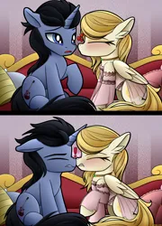Size: 2000x2782 | Tagged: safe, artist:andaluce, derpibooru import, oc, oc:sunny northfleet, oc:trent, unofficial characters only, pegasus, pony, unicorn, 2 panel comic, awkward, blushing, bonk, clothes, comic, cute, dress, duo, ear fluff, exclamation point, eyes closed, fail, female, floppy ears, image, kissing, male, mare, nose wrinkle, oc x oc, png, shipping, stallion, straight