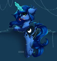 Size: 5320x5680 | Tagged: safe, artist:natanvok, derpibooru import, princess luna, pony, unicorn, absurd resolution, blue background, blushing, butt, candy, candy cane, chest fluff, cute, dock, ear fluff, eyebrows, eyebrows visible through hair, featureless crotch, female, food, frog (hoof), g4, glow, glowing horn, horn, image, leg fluff, looking at you, looking back, looking back at you, lunabetes, magic, magic aura, mare, mouth hold, plot, png, race swap, simple background, smiling, smiling at you, solo, string lights, tail, underhoof, unicorn luna, wingless