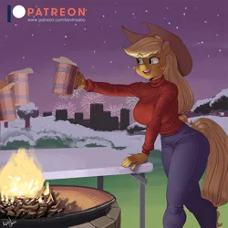 Size: 900x900 | Tagged: safe, artist:kevinsano, derpibooru import, applejack, anthro, earth pony, breasts, busty applejack, clothes, female, fire, fireworks, image, mug, night, offscreen character, open mouth, png, solo, sweater, wide hips