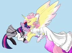 Size: 2048x1504 | Tagged: safe, artist:bobatired, derpibooru import, fluttershy, twilight sparkle, alicorn, pony, unicorn, alicornified, blue background, clothes, dress, duo, eyes closed, female, fluttercorn, image, jpeg, lesbian, mare, puella magi madoka magica, race swap, school uniform, ship:twishy, shipping, simple background, spread wings, unicorn twilight, wings