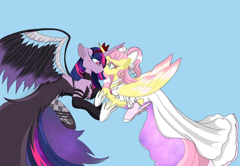 Size: 2048x1423 | Tagged: safe, artist:bobatired, derpibooru import, fluttershy, twilight sparkle, twilight sparkle (alicorn), alicorn, pony, alicornified, blue background, clothes, dress, duo, female, fluttercorn, image, jpeg, lesbian, looking at each other, looking at someone, mare, puella magi madoka magica, race swap, ship:twishy, shipping, simple background