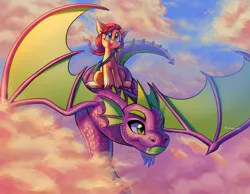 Size: 1938x1506 | Tagged: safe, artist:sidruni, derpibooru import, spike, sunny starscout, dragon, pony, g5, my little pony: make your mark, cloud, flying, image, jpeg, riding a dragon, sky, smiling, year of the dragon