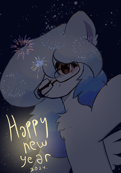 Size: 1400x2000 | Tagged: safe, artist:be_yourself, derpibooru import, oc, oc:altersmay earth, ponified, pegasus, pony, cute, earthbetes, fireworks, glasses, happy new year, happy new year 2024, holiday, image, looking at you, pegasus oc, planet ponies, png, ponified oc, solo, space, stars, wings