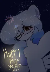 Size: 1400x2000 | Tagged: safe, artist:be_yourself, derpibooru import, oc, oc:altersmay earth, ponified, pegasus, pony, cute, earthbetes, fireworks, glasses, happy new year, happy new year 2024, holiday, image, looking at you, pegasus oc, planet ponies, png, ponified oc, solo, space, stars, wings