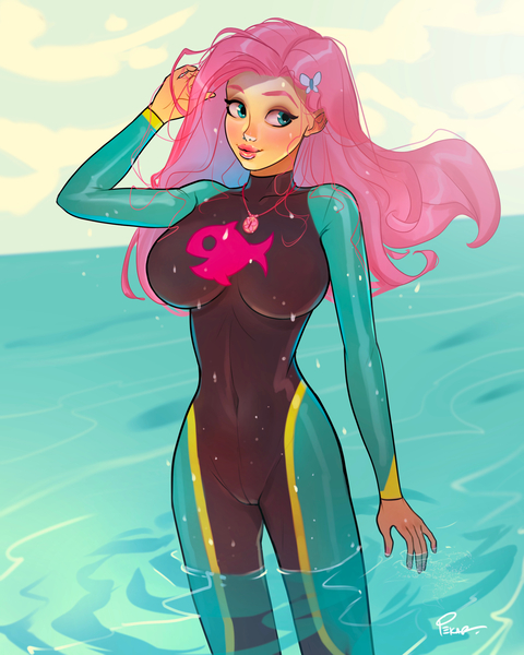Size: 3200x4000 | Tagged: safe, artist:joe pekar, derpibooru import, part of a set, fluttershy, equestria girls, equestria girls series, forgotten friendship, big breasts, breasts, clothes, geode of fauna, hair ornament, image, jpeg, magical geodes, multiple variants, ocean, raised hand, solo, swimsuit, water