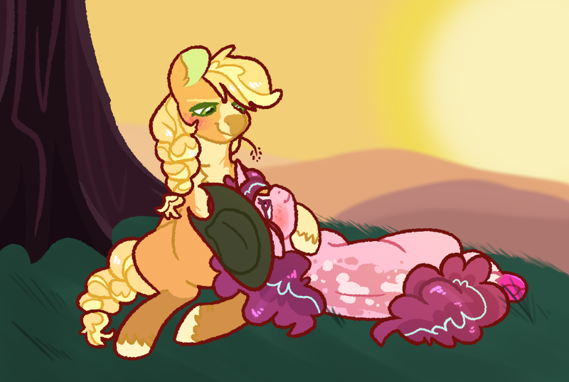 Size: 841x564 | Tagged: safe, artist:queerhorses, derpibooru import, applejack, sugar belle, earth pony, pony, unicorn, accessory swap, cowboy hat, cuddling, duo, duo female, female, hat, image, lesbian, looking at each other, looking at someone, lying down, mare, png, shipping, side, sitting, straw in mouth, sugarjack, sunset, tree