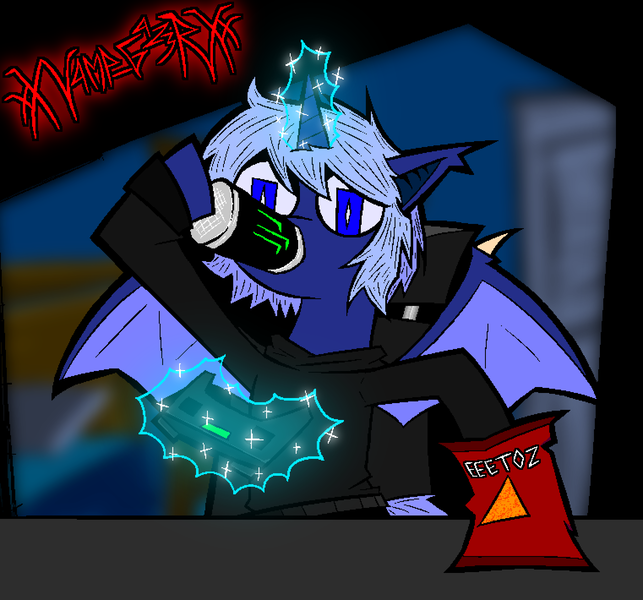 Size: 1522x1420 | Tagged: safe, artist:xxv4mp_g4z3rxx, derpibooru import, oc, unofficial characters only, alicorn, bat pony, bat pony alicorn, pony, bat wings, bed, blue coat, blue mane, blue tail, blurry background, chips, clothes, controller, door, doritos, drink, energy drink, food, gamer, horn, image, indigo eyes, long sleeves, magic, monster energy, png, signature, solo, spread wings, sweater, tail, telekinesis, turtleneck, wings