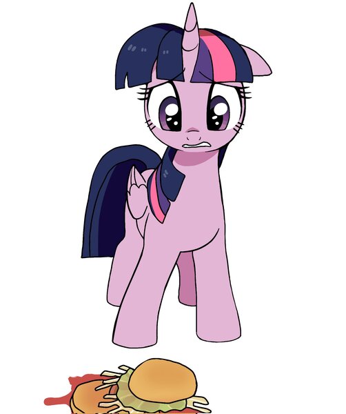 Size: 1713x2048 | Tagged: safe, artist:cheesesauce_45, derpibooru import, twilight sparkle, twilight sparkle (alicorn), alicorn, pony, burger, cute, dropped, female, floppy ears, food, g4, image, jpeg, looking at something, looking down, mare, sad, simple background, solo, twiabetes, twilight burgkle, white background