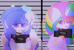 Size: 2656x1800 | Tagged: safe, artist:lighteespark, derpibooru import, oc, unofficial characters only, pegasus, pony, unicorn, duo, duo female, female, image, mare, mugshot, png