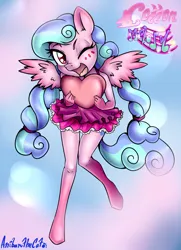 Size: 1741x2400 | Tagged: safe, artist:anibaruthecat, ponerpics import, oc, oc:cotton melody, unofficial characters only, anthro, pegasus, clothes, female, heart, hug, image, jpeg, one eye closed, pegasus oc, pillow, pillow hug, pink coat, skirt, sky, solo, wings, wink