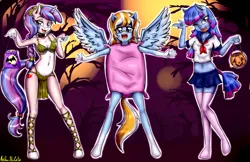 Size: 2624x1701 | Tagged: suggestive, artist:anibaruthecat, ponerpics import, oc, oc:cozy cotton, oc:hearts desire, oc:sue ping, unofficial characters only, anthro, clothes, costume, halloween, holiday, image, jpeg, miniskirt, nightmare night, nightmare night costume, pillow, sailor uniform, skirt, trick or treat, trio, uniform