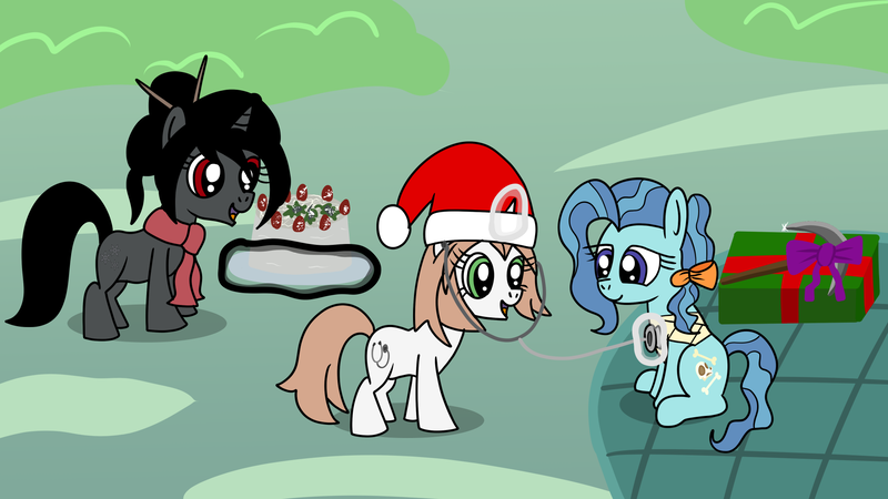 Size: 1920x1080 | Tagged: safe, artist:platinumdrop, derpibooru import, oc, oc:ebony darkness, oc:healing touch, oc:petunia paleo, earth pony, pony, unicorn, bandage, cake, christmas, commission, female, filly, foal, food, hat, holiday, image, levitation, magic, pickaxe, png, present, santa hat, smiling, stethoscope, talking, telekinesis