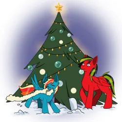 Size: 2000x2000 | Tagged: safe, artist:erein, derpibooru import, oc, oc:dark, oc:storm, unofficial characters only, changeling, pegasus, pony, changeling oc, christmas, christmas lights, christmas tree, colored, commission, cute, duo, ears up, eyes closed, flat colors, happy, high res, holiday, image, jpeg, male, multicolored hair, outdoors, parents:canon x oc, pegasus oc, simple background, snow, string lights, tree, wings