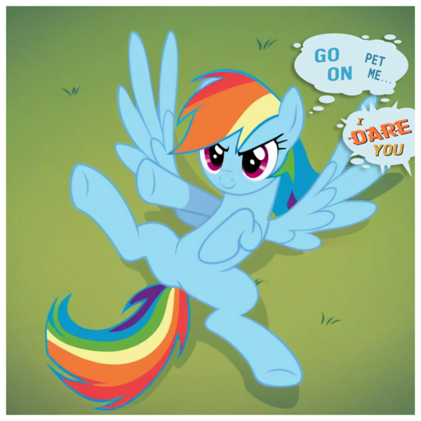 Size: 1039x1039 | Tagged: safe, ai content, derpibooru import, edit, machine learning generated, rainbow dash, pegasus, pony, caption, confident, cute, dare, g4, grass, hoof on chest, image, imminent belly rub, looking at you, lying down, on back, png, pointing, prompt in description, prompter:hazy skies, show accurate, smiling, smiling at you, solo, spread legs, spread wings, spreading, teasing, text, wings