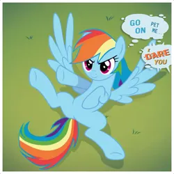 Size: 1039x1039 | Tagged: safe, ai content, derpibooru import, edit, machine learning generated, rainbow dash, pegasus, pony, caption, confident, cute, dare, g4, grass, hoof on chest, image, imminent belly rub, looking at you, lying down, on back, png, pointing, prompt in description, prompter:hazy skies, show accurate, smiling, smiling at you, solo, spread legs, spread wings, spreading, teasing, text, wings
