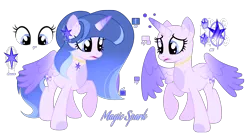 Size: 4545x2430 | Tagged: safe, artist:lighteespark, artist:moonlightshineyt123, derpibooru import, oc, oc:spark sentry, unofficial characters only, alicorn, pony, base used, female, g4, image, mare, offspring, parent:flash sentry, parent:twilight sparkle, parents:flashlight, png, reference sheet, solo