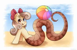 Size: 4664x3030 | Tagged: safe, artist:madelinne, derpibooru import, oc, oc:peach blossom, lamia, original species, ball, beach ball, bow, cloud, flower, flower in hair, image, looking at you, png, sand, sky, solo
