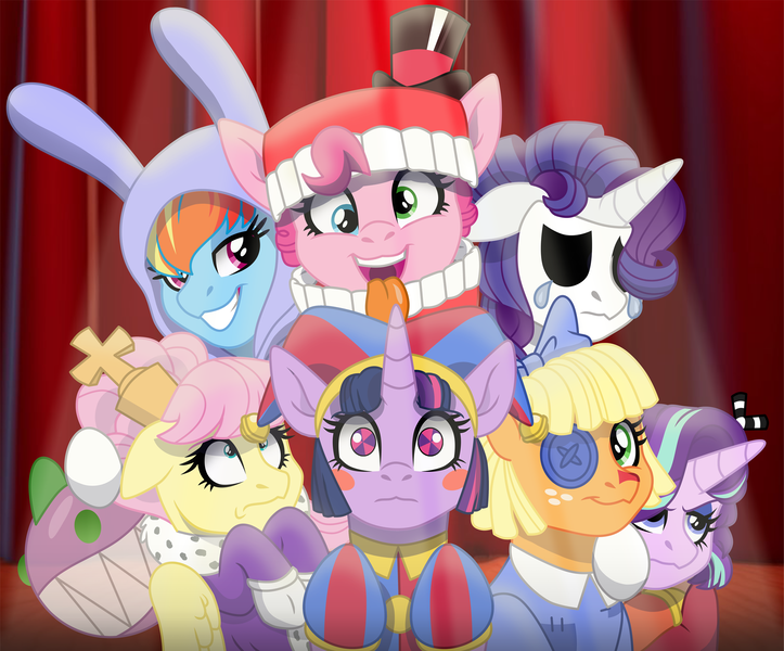 Size: 2163x1796 | Tagged: safe, artist:faitheverlasting, derpibooru import, applejack, fluttershy, pinkie pie, rainbow dash, rarity, spike, starlight glimmer, twilight sparkle, twilight sparkle (alicorn), alicorn, earth pony, pegasus, unicorn, alternate eye color, alternate hairstyle, animal costume, beady eyes, blush sticker, blushing, bow, bubble, bubble (tadc), bunny costume, bunny ears, button eyes, caine (tadc), clothes, costume, crossover, crying, curtains, derp, dress, floppy ears, gangle, grin, group shot, hair bow, hat, heterochromia, hoof gloves, image, jax (tadc), jester hat, jester outfit, kigurumi, kinger, mane seven, mane six, mask, mismatched eyes, open mouth, open smile, patch, png, pomni, ragatha, robes, sharp teeth, smiling, teeth, the amazing digital circus, tongue out, top hat, worried, zooble