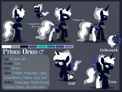 Size: 4552x3439 | Tagged: safe, artist:dixieadopts, derpibooru import, oc, oc:orion, alicorn, pony, colt, foal, hybrid wings, image, male, offspring, parent:lord tirek, parent:princess luna, png, reference sheet, solo, stallion, wings