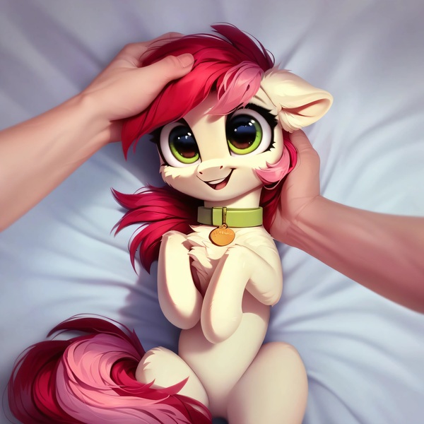Size: 4096x4096 | Tagged: safe, ai content, derpibooru import, machine learning generated, prompter:doom9454, stable diffusion, roseluck, human, pony, behaving like a cat, chest fluff, collar, cute, fluffy, generator:purplesmart.ai, hand, human on pony petting, image, jpeg, lying down, offscreen character, offscreen human, pet tag, petting, pony pet, rosepet