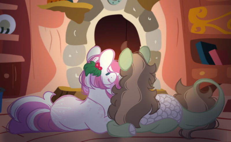 Size: 2723x1670 | Tagged: safe, artist:pixiesimm, derpibooru import, oc, unofficial characters only, earth pony, kirin, pony, duo, eyes closed, facing away, fireplace, holly, image, kirin oc, lying down, oc x oc, png, prone, shipping