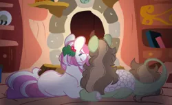 Size: 2723x1670 | Tagged: safe, artist:pixiesimm, derpibooru import, oc, unofficial characters only, earth pony, kirin, pony, duo, eyes closed, facing away, fireplace, holly, image, kirin oc, lying down, oc x oc, png, prone, shipping