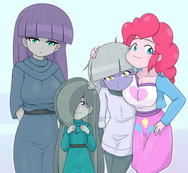 Size: 2511x2313 | Tagged: safe, artist:batipin, derpibooru import, limestone pie, marble pie, maud pie, pinkie pie, human, equestria girls, :3, breast squish, breasts, busty maud pie, busty pinkie pie, cleavage, equestria girls-ified, family photo, female, g4, hair over one eye, hug, image, looking at you, pie sisters, png, siblings, simple background, sisters, squishy cheeks