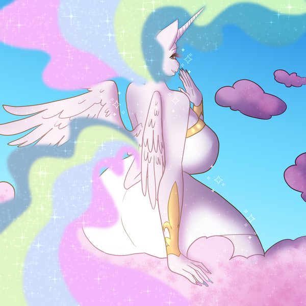 Size: 2100x2100 | Tagged: suggestive, artist:velveteenie, derpibooru import, princess celestia, alicorn, anthro, ass, bare shoulders, big breasts, breasts, busty princess celestia, butt, clothes, cloud, dress, female, huge breasts, image, large butt, looking at you, looking back, looking back at you, on a cloud, partially open wings, png, sitting, sitting on cloud, solo, solo female, sunbutt, wings