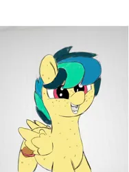 Size: 3120x4160 | Tagged: safe, artist:bazza, artist:thatmlpartist, artist:zestymf, color edit, derpibooru import, edit, editor:bazza, editor:zestymf, oc, oc:apogee, unofficial characters only, pegasus, colored, cutie mark, freckles, happy, image, jpeg, looking away, multicolored hair, recolor, simple background, smiling, solo