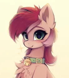 Size: 1810x2048 | Tagged: safe, artist:lerkfruitbat, derpibooru import, roseluck, earth pony, pony, bell, bell collar, blushing, chest fluff, collar, cute, ear fluff, female, image, jpeg, mare, rosepet, smiling, solo, sparkles