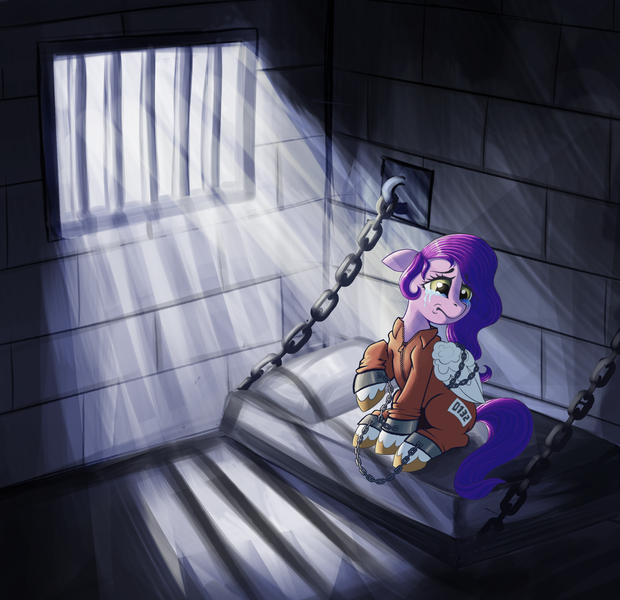 Size: 2236x2164 | Tagged: safe, artist:blankedsoul, derpibooru import, pipp petals, g5, bound wings, chained, chains, clothes, commissioner:rainbowdash69, crying, cuffed, cuffs, image, jail cell, jumpsuit, never doubt rainbowdash69's involvement, png, prison cell, prison outfit, prisoner, prisoner pipp, shackles, wings