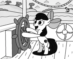 Size: 706x567 | Tagged: safe, artist:starwarriorjian, derpibooru import, apple bloom, applejack, earth pony, pony, bipedal, boat, female, filly, foal, grayscale, image, life preserver, mare, monochrome, open mouth, png, solo, steamboat willie, steering wheel, tree