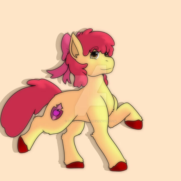 Size: 1280x1280 | Tagged: safe, artist:evesartspot124, derpibooru import, apple bloom, earth pony, pony, deviantart watermark, female, filly, foal, image, jpeg, obtrusive watermark, simple background, solo, unshorn fetlocks, watermark, yellow background