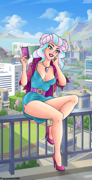 Size: 2064x4032 | Tagged: suggestive, artist:aboimages03, derpibooru import, human, g5, ankles, belt, breasts, city, cityscape, cleavage, clothes, dress, ear piercing, erect nipples, eyeshadow, female, fingernails, high heels, humanized, image, jacket, jewelry, leather, leather jacket, legs, lipstick, makeup, mobile phone, mountain, nail polish, necklace, opaline arcana, outdoors, phone, piercing, png, shoes, short sleeves, sitting, sky, smartphone, solo, thighs