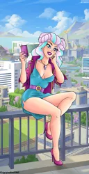 Size: 2064x4032 | Tagged: suggestive, artist:aboimages03, derpibooru import, human, g5, ankles, belt, breasts, city, cityscape, cleavage, clothes, dress, ear piercing, erect nipples, eyeshadow, female, fingernails, high heels, humanized, image, jacket, jewelry, leather, leather jacket, legs, lipstick, makeup, mobile phone, mountain, nail polish, necklace, opaline arcana, outdoors, phone, piercing, png, shoes, short sleeves, sitting, sky, smartphone, solo, thighs