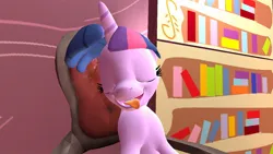 Size: 1366x768 | Tagged: safe, artist:somnofeetia8, derpibooru import, twilight sparkle, twilight sparkle (alicorn), alicorn, series:don't mess with twilight, 3d, ahegao, bookshelf, chair, description is relevant, eyes closed, faint, fainted, g4, image, jpeg, open mouth, pleasure, solo, story included, tongue out
