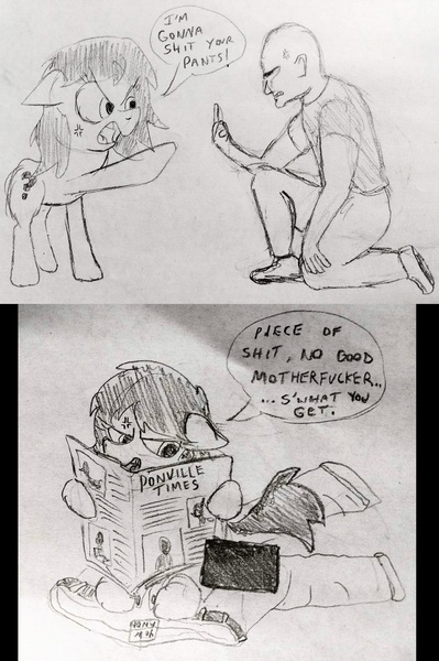 Size: 3480x5232 | Tagged: safe, artist:dhm, derpibooru import, oc, oc:anon, oc:anonfilly, pony, angry, censor bar, censored, comic, drawthread, female, filly, floppy ears, image, jpeg, middle finger, monochrome, newspaper, pointing, poop, pooping, revenge, sketch, speech bubble, text, traditional art, vulgar