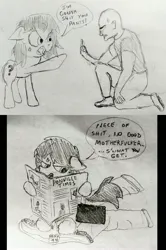 Size: 3480x5232 | Tagged: safe, artist:dhm, derpibooru import, oc, oc:anon, oc:anonfilly, pony, angry, censor bar, censored, comic, drawthread, female, filly, floppy ears, image, jpeg, middle finger, monochrome, newspaper, pointing, poop, pooping, revenge, sketch, speech bubble, text, traditional art, vulgar