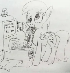Size: 2609x2696 | Tagged: safe, artist:dhm, derpibooru import, derpy hooves, pegasus, pony, bread, drawthread, food, groceries, grocery store, high res, image, jpeg, monochrome, shopping, sketch, solo, traditional art