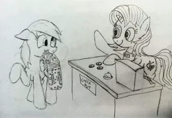 Size: 3992x2745 | Tagged: safe, artist:dhm, derpibooru import, derpy hooves, oc, oc:lily heartstrings, pony, bits, bread, cashier, drawthread, food, groceries, grocery store, high res, image, jpeg, monochrome, shopping, sketch, traditional art, wave