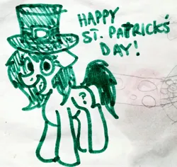 Size: 3159x2979 | Tagged: safe, artist:dhm, derpibooru import, oc, oc:anonfilly, pony, female, filly, high res, holiday, image, jpeg, marker drawing, monochrome, saint patrick's day, solo, text, traditional art