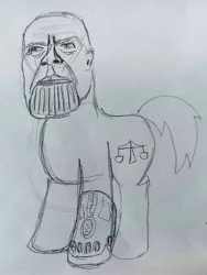 Size: 2338x3101 | Tagged: safe, artist:dhm, derpibooru import, ponified, pony, abomination, cursed image, high res, image, infinity gauntlet, jpeg, marvel, monochrome, sketch, solo, thanos, traditional art