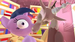 Size: 1366x768 | Tagged: safe, artist:somnofeetia8, derpibooru import, discord, twilight sparkle, series:don't mess with twilight, 3d, description is relevant, dialogue in the description, dubious consent, female, hand on face, image, jpeg, male, ship:discolight, shipping, shocked, shocked expression, straight, tongue out