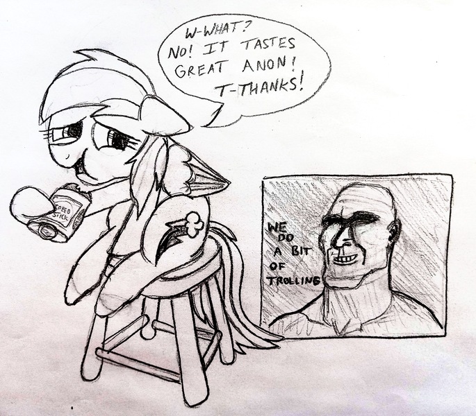 Size: 3560x3120 | Tagged: safe, artist:dhm, derpibooru import, rainbow dash, oc, oc:anon, pony, chad, deodorant, drawthread, funny, high res, image, jpeg, lying, monochrome, patronizing, prank, sketch, speed stick, stool, traditional art, trolling, we do a bit of trolling