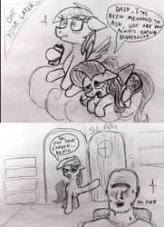 Size: 3403x4701 | Tagged: safe, artist:dhm, derpibooru import, fluttershy, rainbow dash, oc, oc:anon, pony, angry, cloud, comic, concerned, deodorant, door, drawthread, heartbeat, image, imminent death, jpeg, monochrome, prank, shock, sketch, slam, speech bubble, speed stick, sweat, text, traditional art, trolling, vulgar