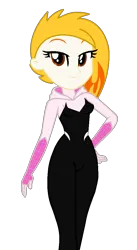 Size: 564x1026 | Tagged: safe, artist:robertsonskywa1, derpibooru import, equestria girls, g5, my little pony: tell your tale, bodysuit, clothes, cosplay, costume, equestria girls-ified, female, flare (g5), g4, g5 to equestria girls, g5 to g4, generation leap, hand on hip, image, marvel, photo, png, simple background, solo, spider-gwen, spider-man, spider-man: across the spider-verse, suit, transparent background